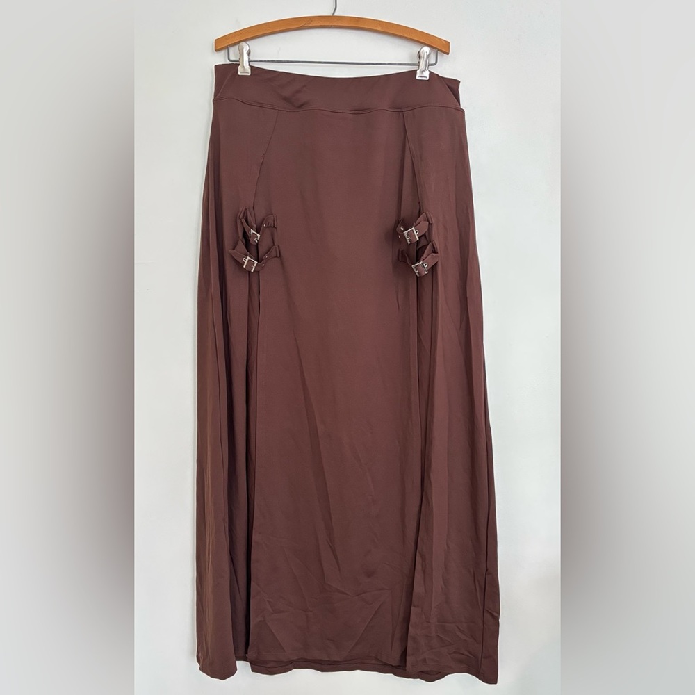 NWT HALARA Brown High Waisted Decorative Buckle Split 2-in-1 Maxi Casual Skirt - Picture 5 of 10
